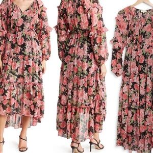 MELLODAY Pink Floral Tiered Maxi Dress on Black